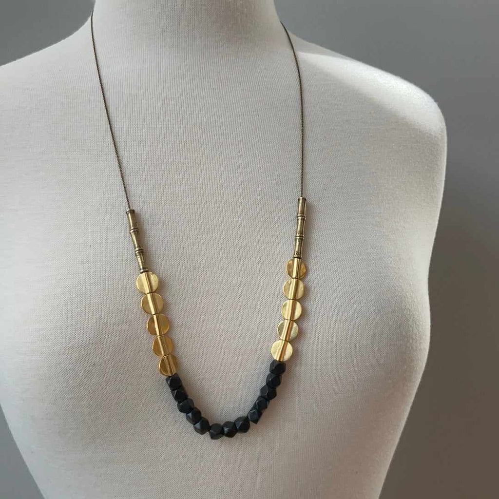 30” Bennett necklace with Thai brass beads on mannequin